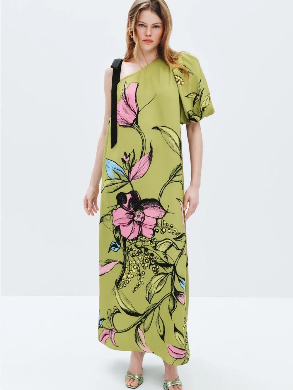 Stine Goya Floral One-Shoulder Maxi Dress in Olive Green Floral XS